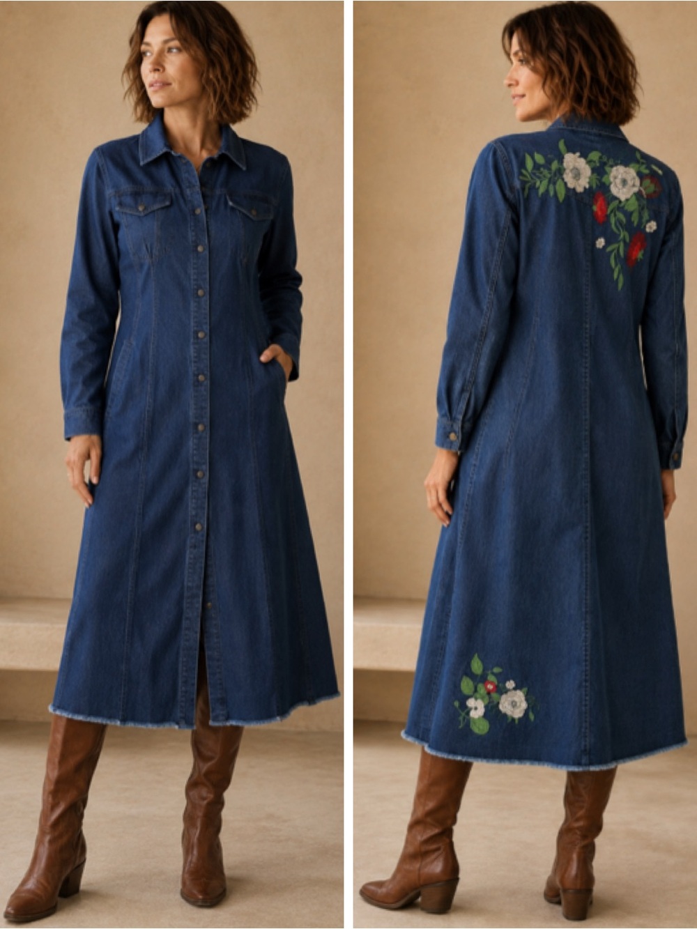 Reborn Denim Shirt Dress Floral Embroidered Long Sleeve Blue Large